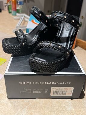 White House Black Market Black Studded Rope Wedge Sandals NWT